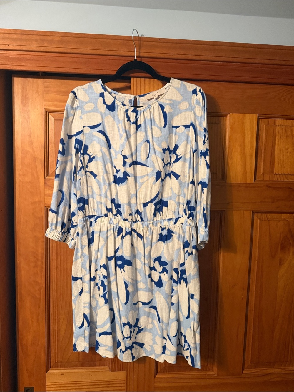 LOFT Blue and White Floral Elastic-Waist Mini Dress